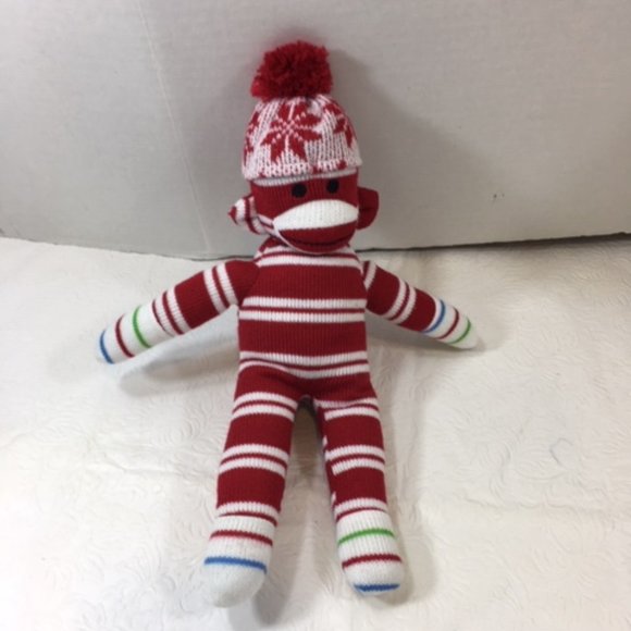 Plushland Red White Striped Winter Sock Knit Monkey 12" - Picture 8 of 11